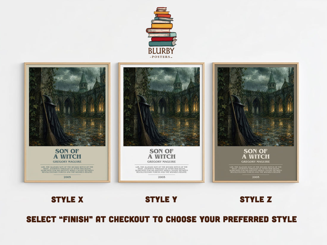 Son of a Witch bookish print in frame leaning in hallway – fantasy wall art (mockup)