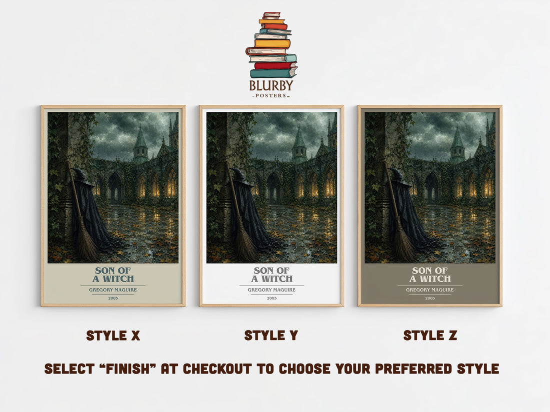 Son of a Witch book cover print in frame leaning in hallway – fantasy wall art (mockup)