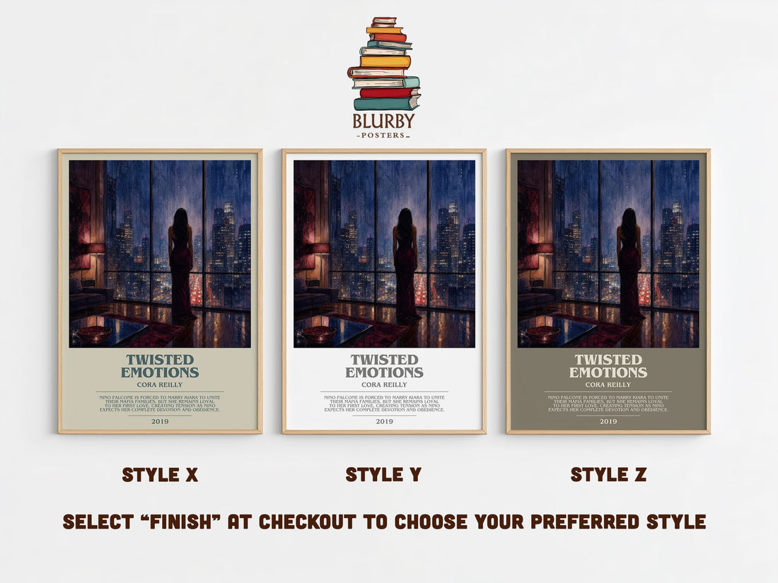 Twisted Emotions bookish print in frame leaning in hallway – romance wall art (mockup)