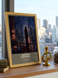 Twisted Emotions book cover print framed by window – literary home decor