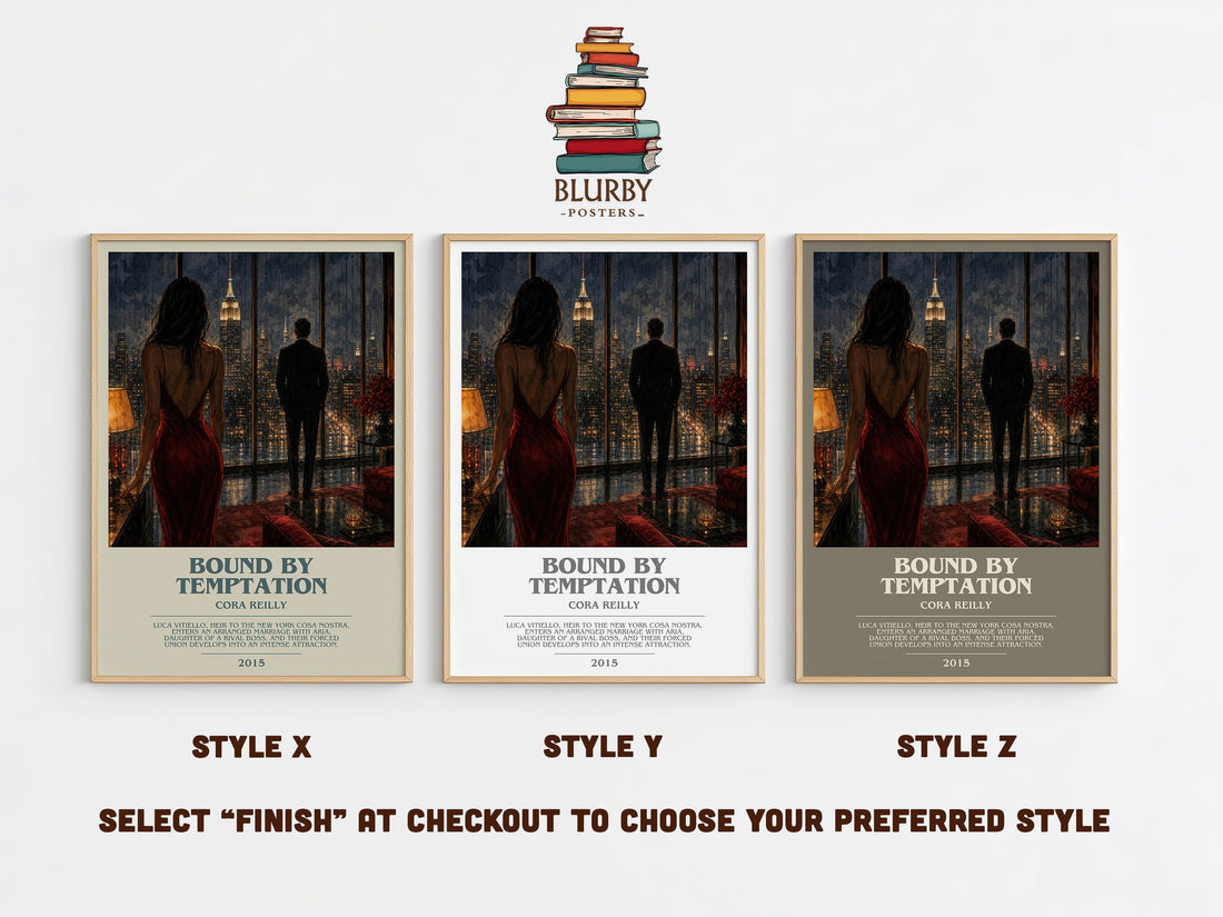 Bound by temptation bookish print in frame leaning in hallway – romance wall art (mockup)