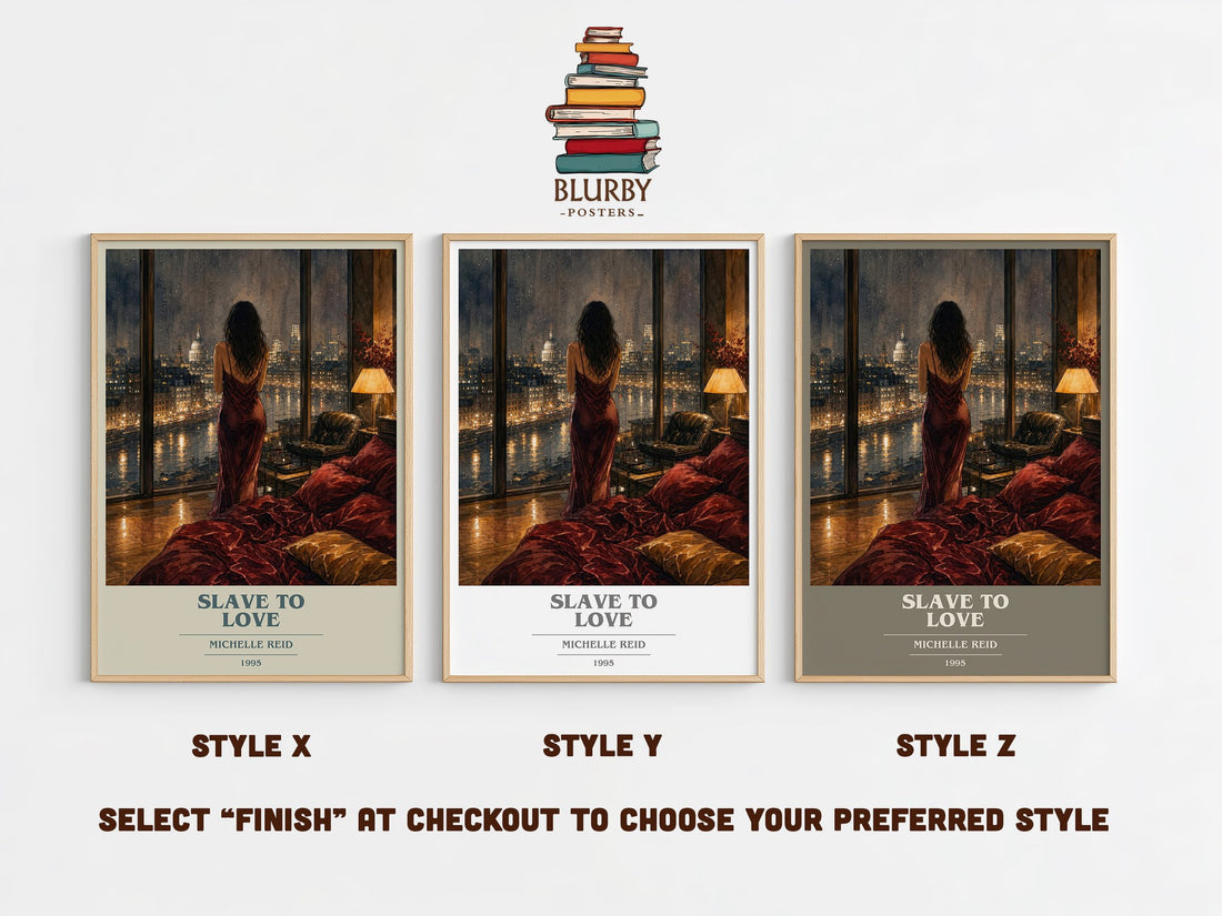 Slave to Love book cover print in frame leaning in hallway – romance wall art (mockup)