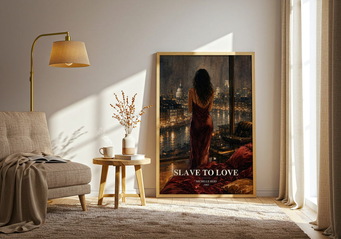 Slave to Love watercolour print in frame leaning in hallway – romance wall art