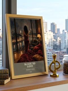 Slave to Love book cover print framed by window – literary home decor