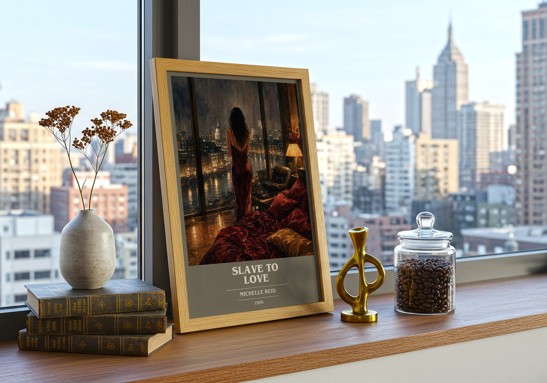 Slave to Love book cover print framed by window – literary home decor