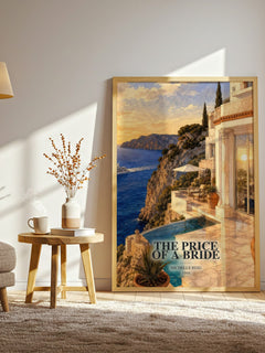 The Price of a Bride watercolour print in frame leaning in hallway – romance wall art