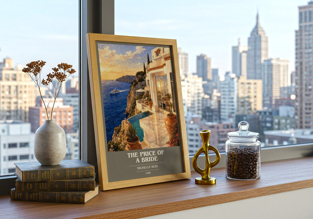 The Price of a Bride book cover print framed by window – literary home decor