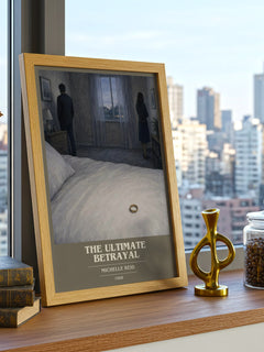 The Ultimate Betrayal book cover print framed by window – literary home decor