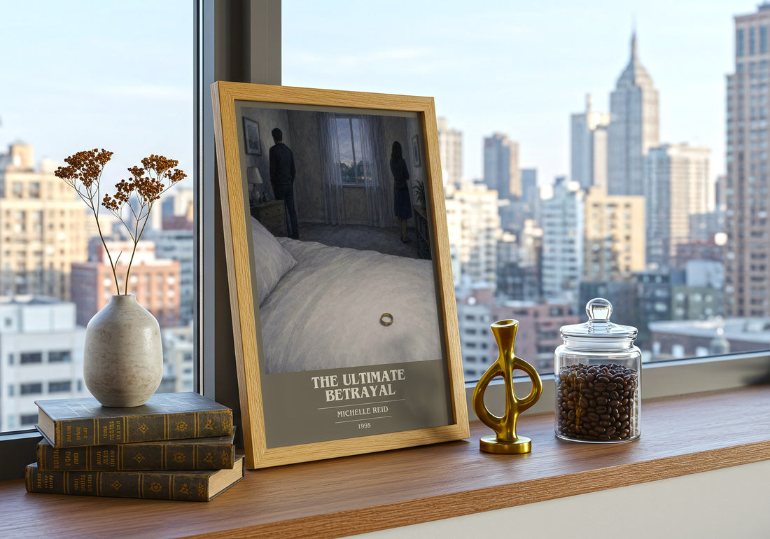 The Ultimate Betrayal book cover print framed by window – literary home decor