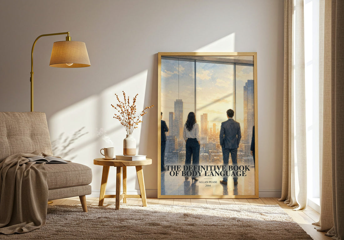 The Definitive Book of Body Language watercolour print in frame leaning in hallway – non fiction wall art