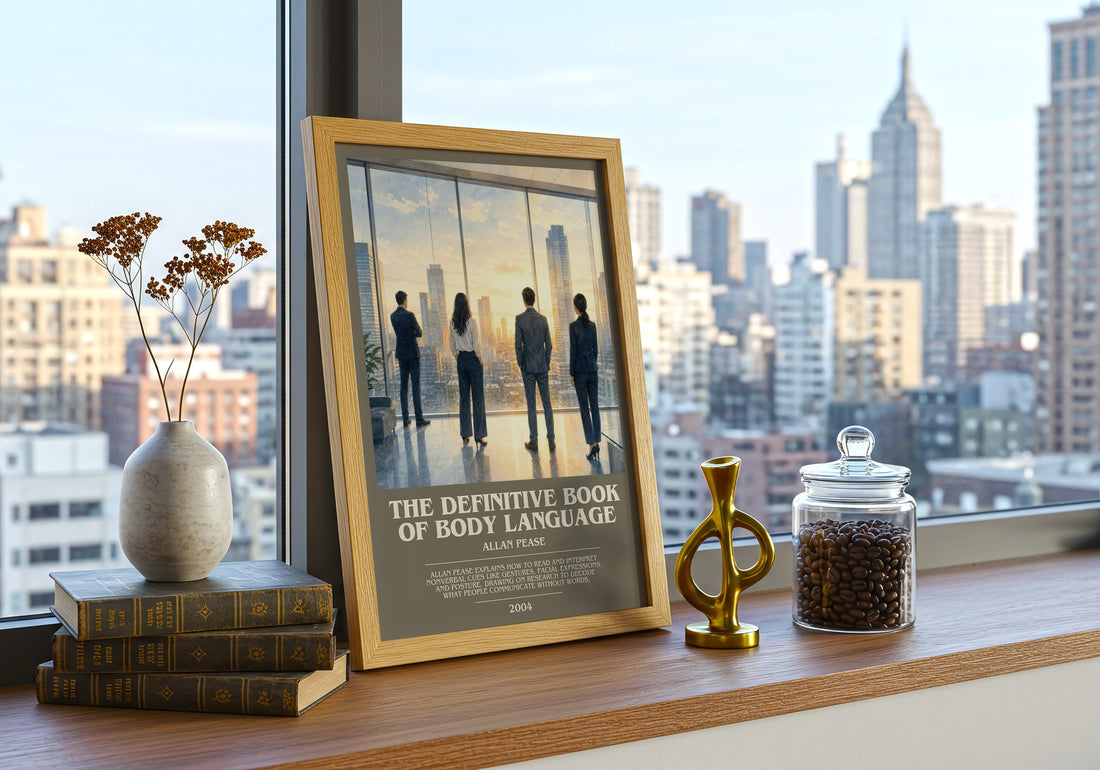 The Definitive Book of Body Language bookish print framed by window – literary home decor