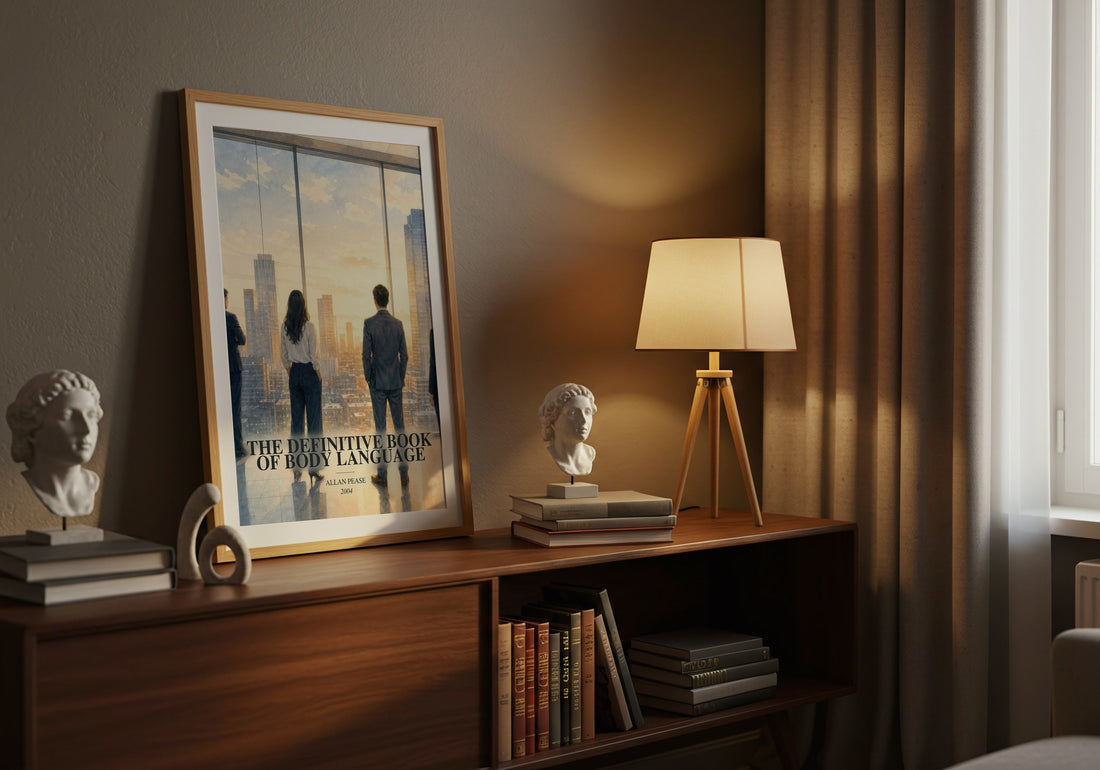 The Definitive Book of Body Language watercolour print on bookshelf – Allan Pease fan gift