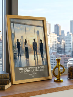 The Definitive Book of Body Language book cover print framed by window – literary home decor