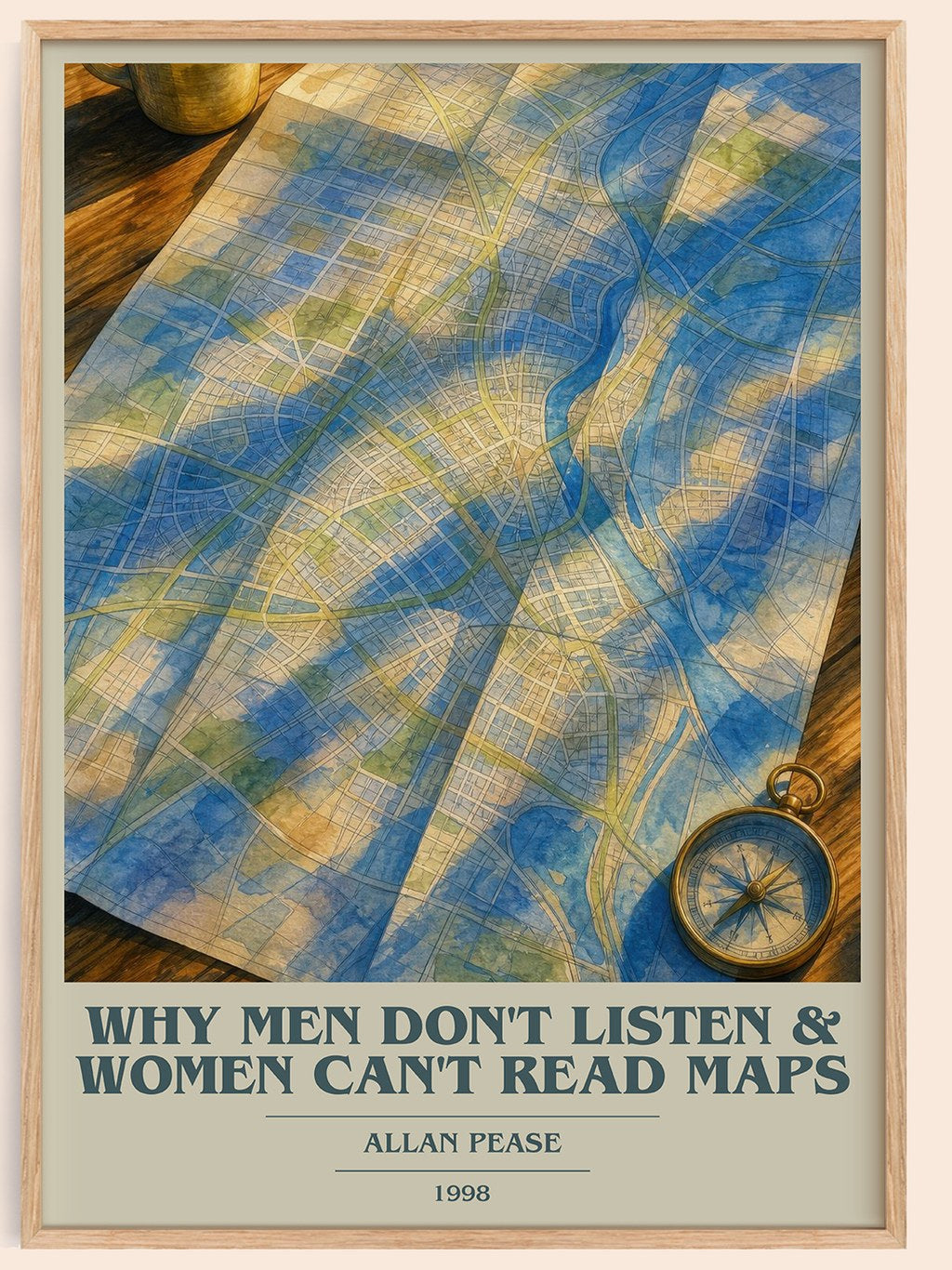 Why men don't listen & women can't read maps book cover book poster by Allan Pease – framed literary art print