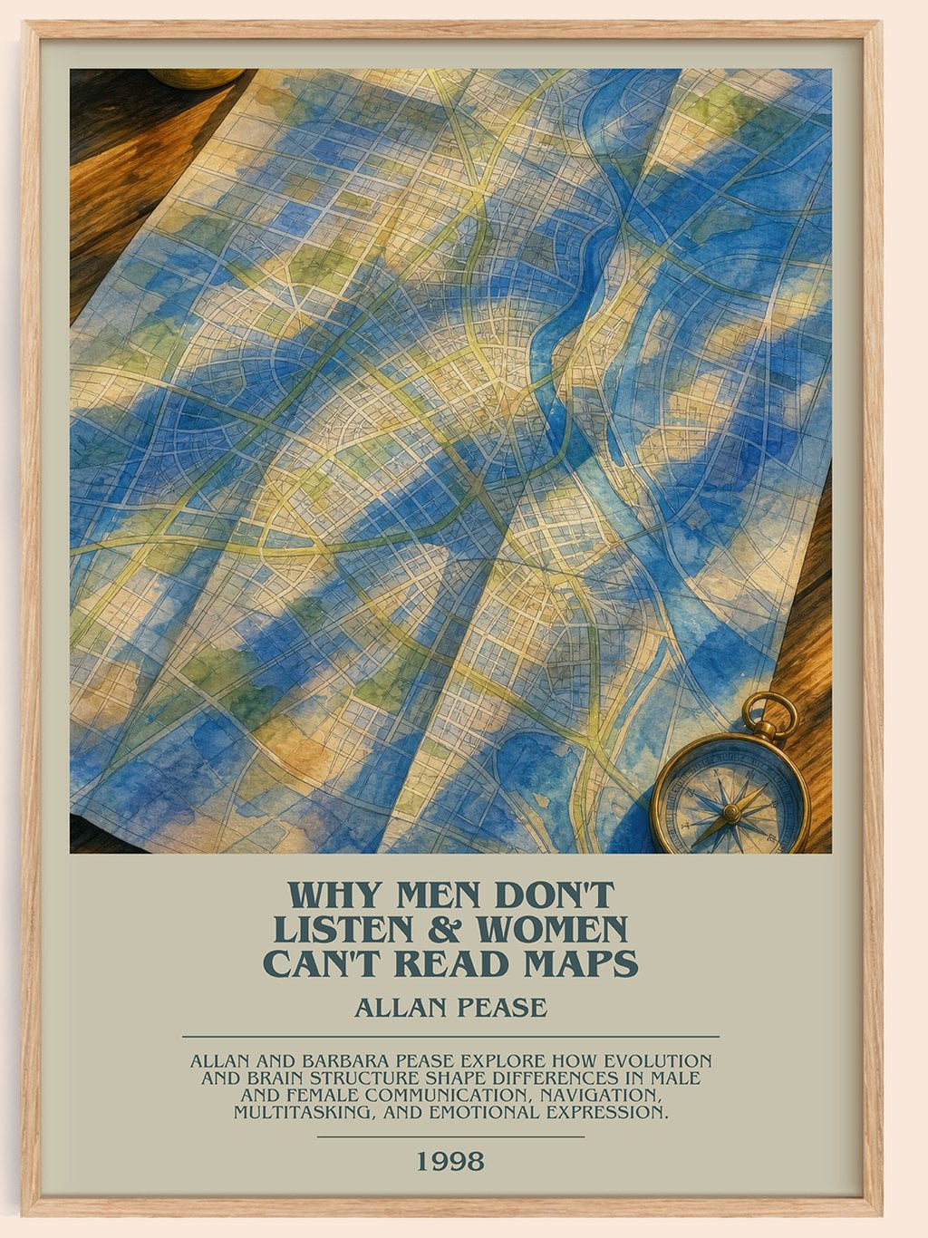 Why men don't listen & women can't read maps bookish book poster by Allan Pease – framed literary art print