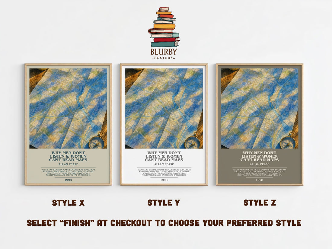 Why men don't listen & women can't read maps bookish print in frame leaning in hallway – non fiction wall art (mockup)
