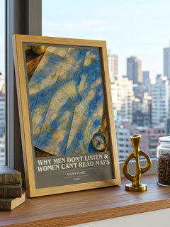Why men don't listen & women can't read maps book cover print framed by window – literary home decor