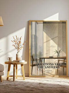 Questions Are the Answers watercolour print in frame leaning in hallway – non fiction wall art