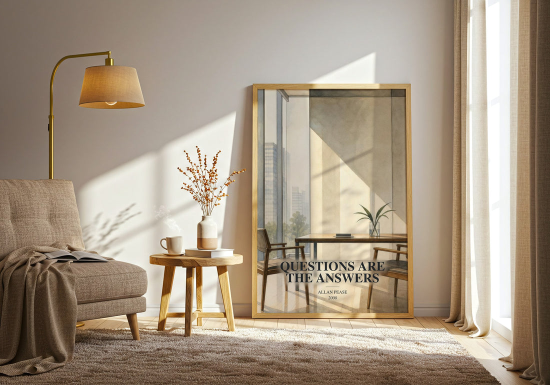 Questions Are the Answers watercolour print in frame leaning in hallway – non fiction wall art