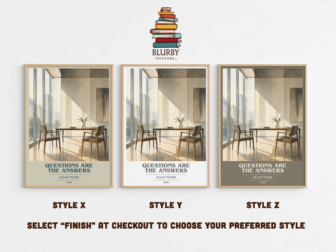 Questions Are the Answers book cover print in frame leaning in hallway – non fiction wall art (mockup)