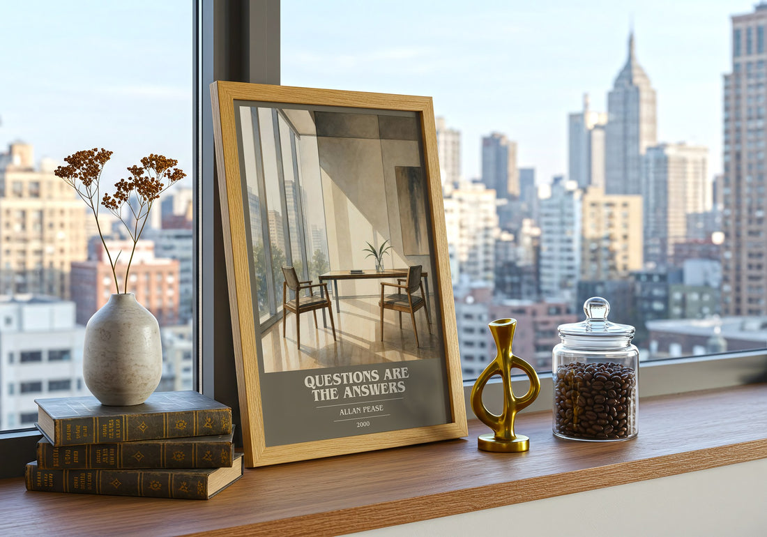 Questions Are the Answers book cover print framed by window – literary home decor
