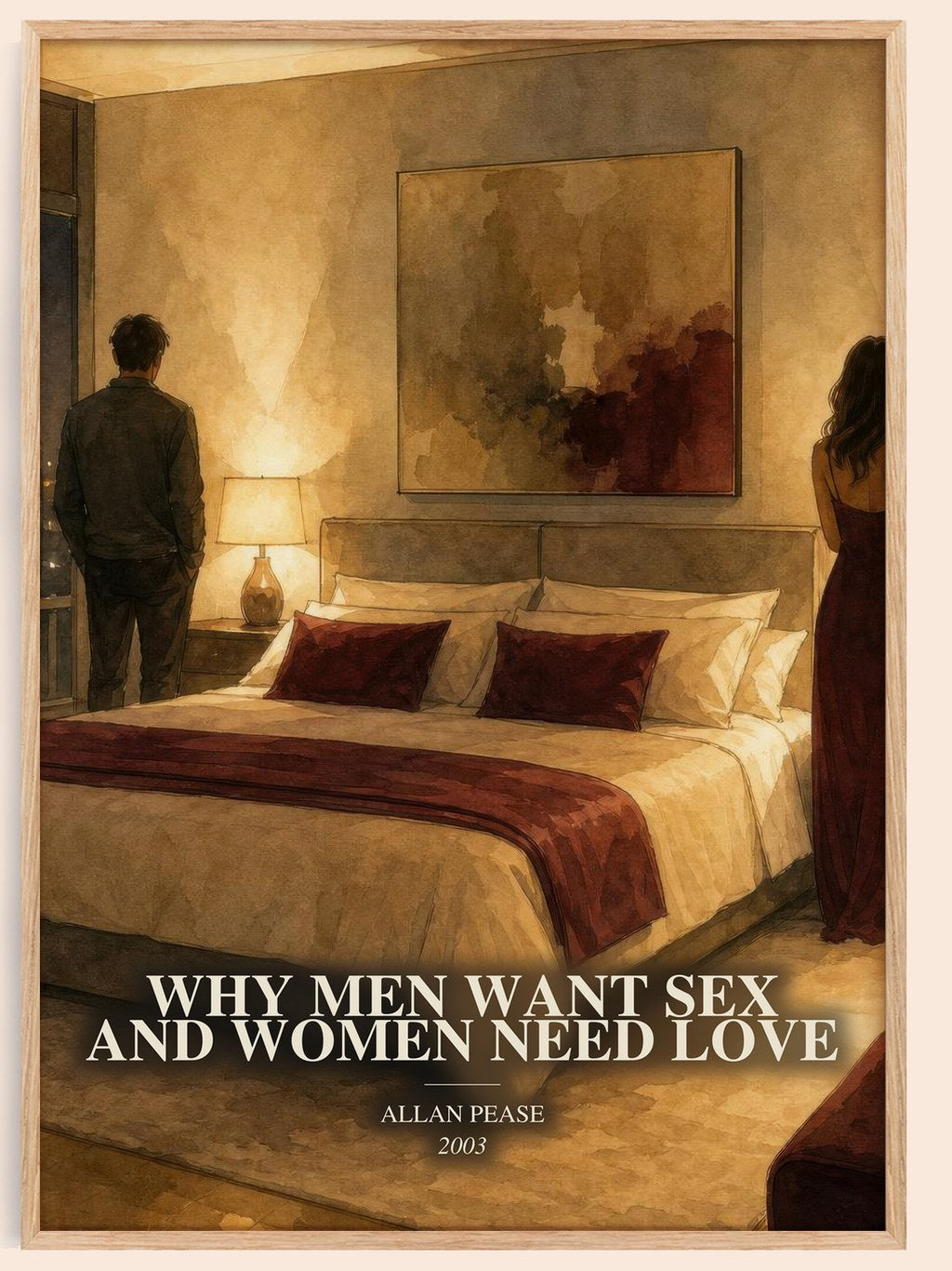 Why Men Want Sex and Women Need Love watercolour book poster by Allan Pease – framed literary art print