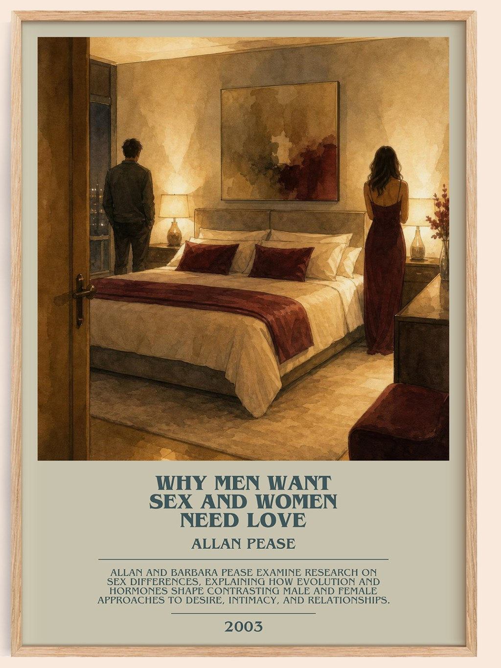 Why Men Want Sex and Women Need Love bookish book poster by Allan Pease – framed literary art print