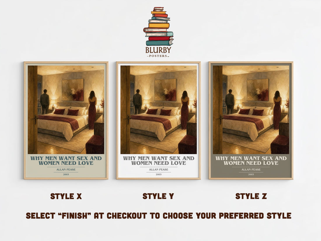 Why Men Want Sex and Women Need Love book cover print in frame leaning in hallway – non fiction wall art (mockup)