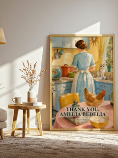 Thank You, Amelia Bedelia watercolour print in frame leaning in hallway – childrens wall art