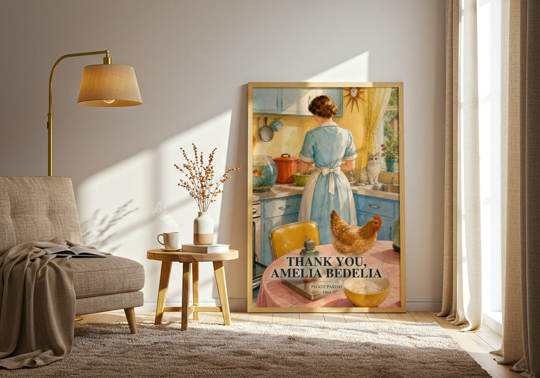 Thank You, Amelia Bedelia watercolour print in frame leaning in hallway – childrens wall art