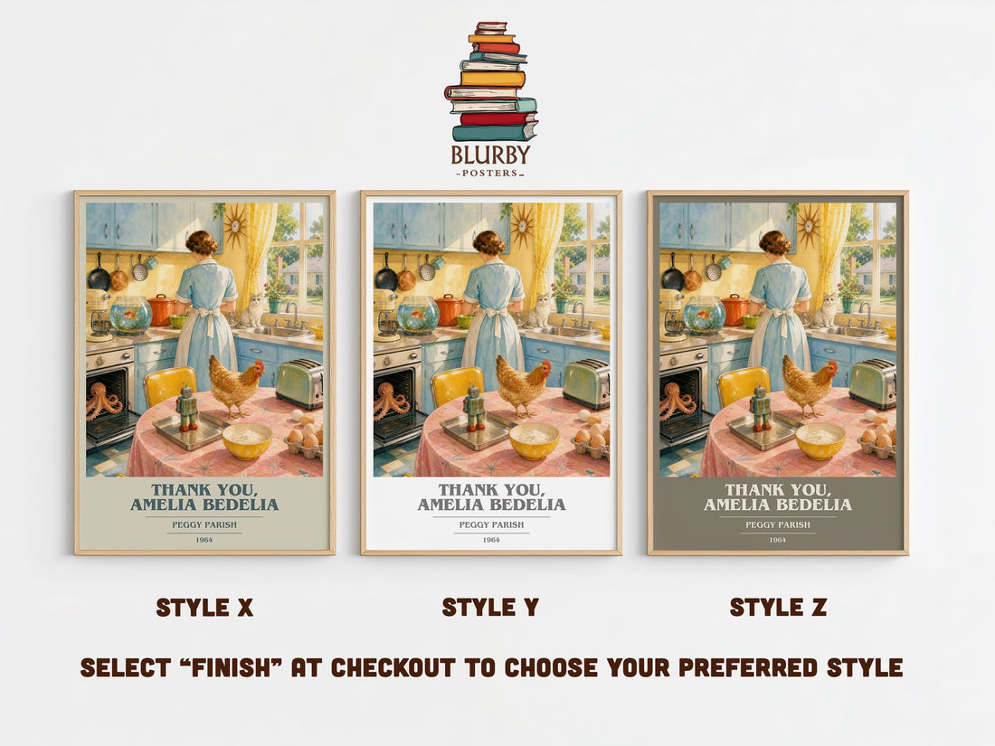 Thank You, Amelia Bedelia book cover print in frame leaning in hallway – childrens wall art (mockup)