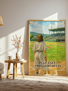 Play Ball, Amelia Bedelia watercolour print in frame leaning in hallway – childrens wall art