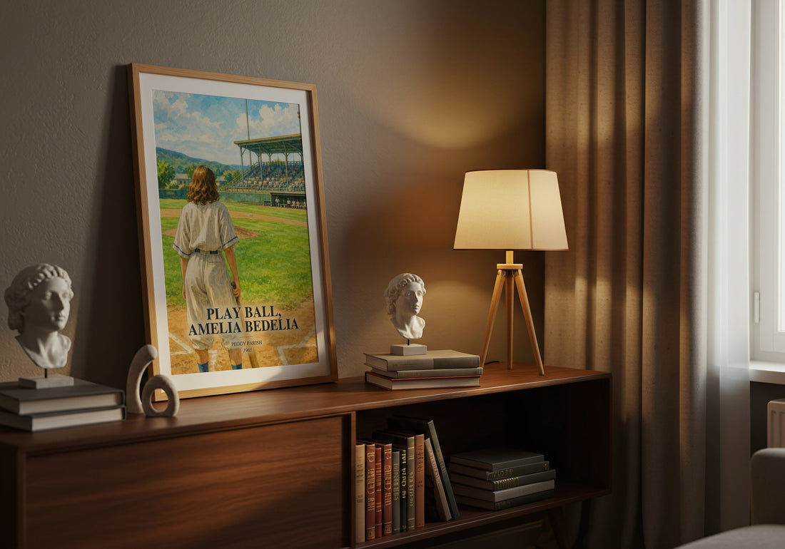 Play Ball, Amelia Bedelia watercolour print on bookshelf – Peggy Parish fan gift