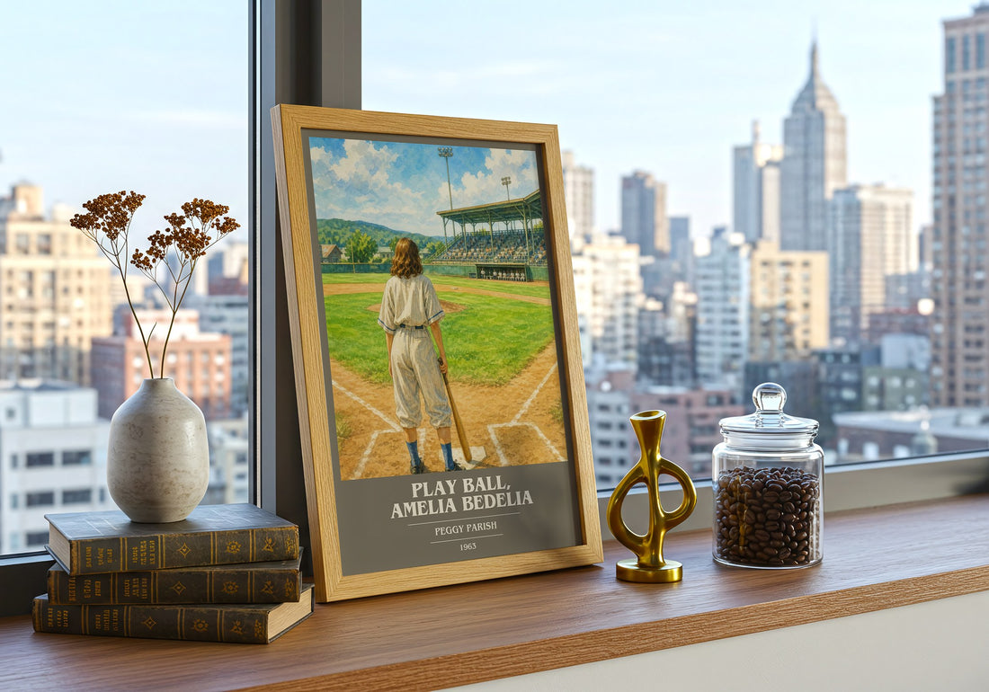 Play Ball, Amelia Bedelia book cover print framed by window – literary home decor