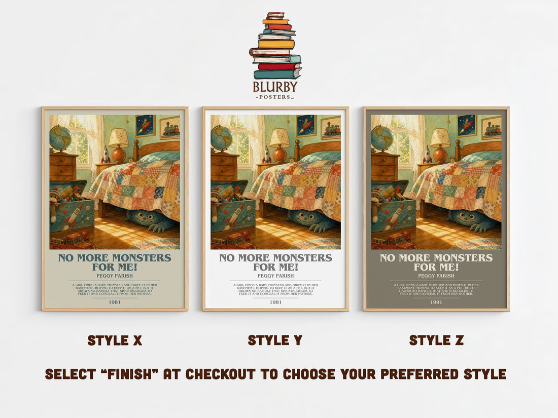 No More Monsters for Me! bookish print in frame leaning in hallway – childrens wall art (mockup)