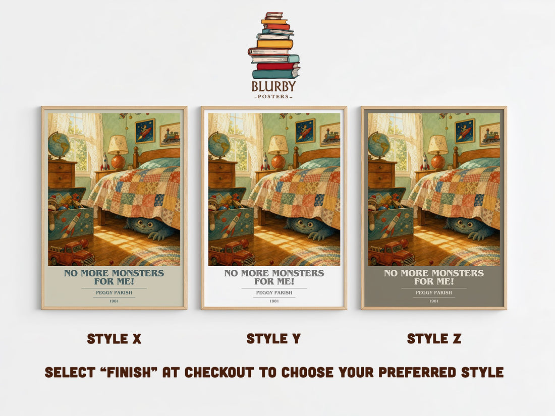 No More Monsters for Me! book cover print in frame leaning in hallway – childrens wall art (mockup)