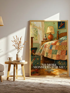 No More Monsters for Me! watercolour print in frame leaning in hallway – childrens wall art
