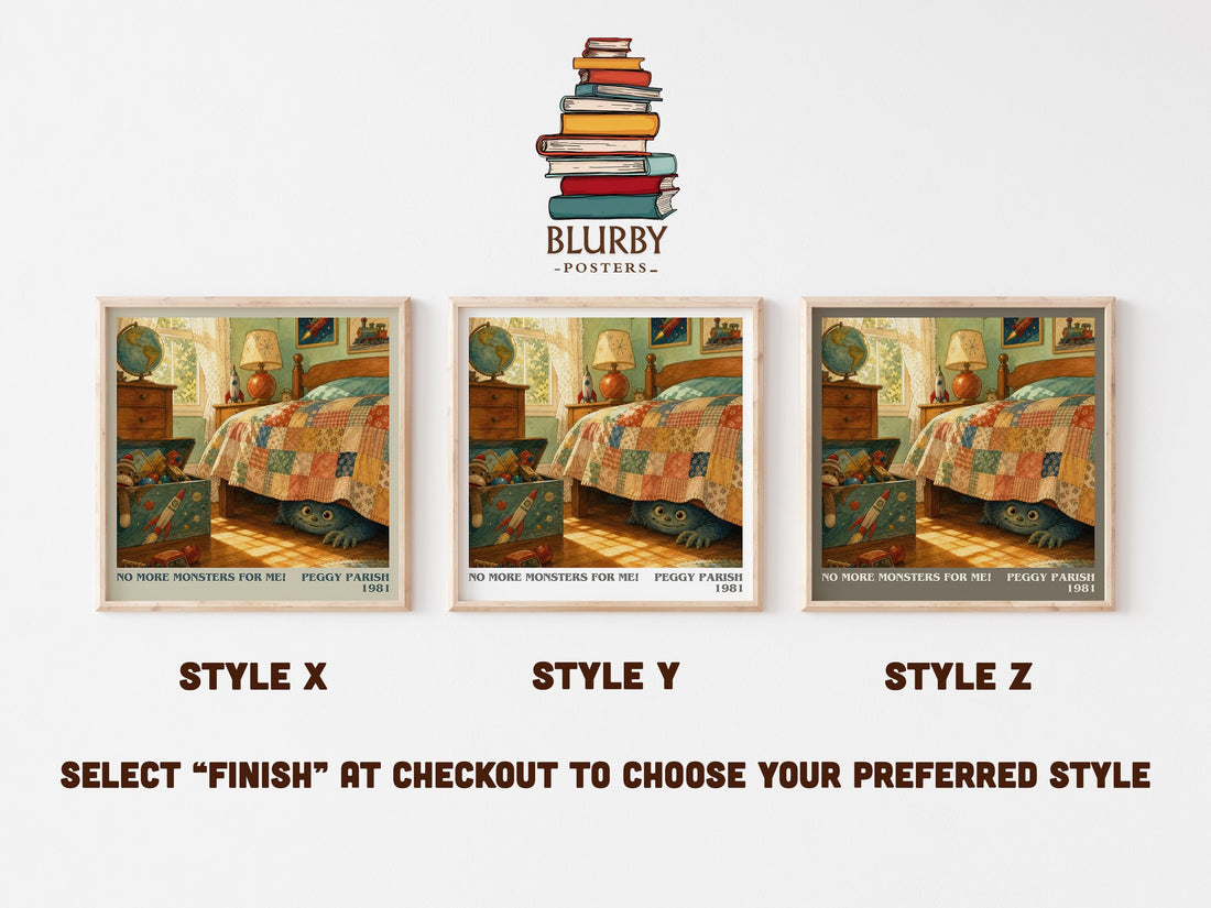 No More Monsters for Me! literary print in frame leaning in hallway – childrens wall art (mockup)