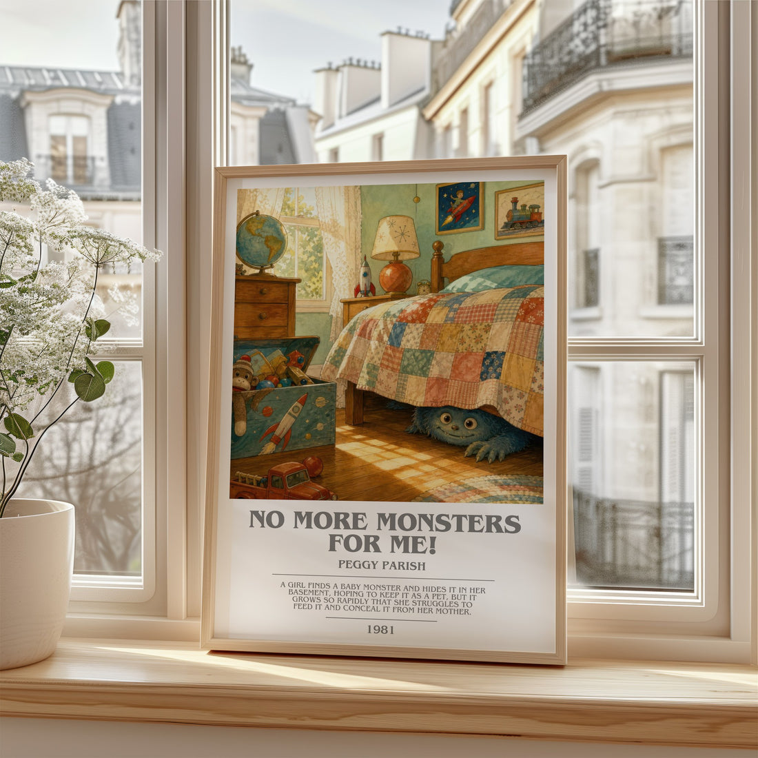 No More Monsters for Me! bookish poster colour and style options – Peggy Parish book art