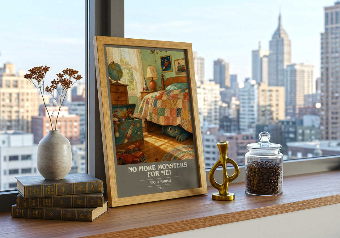 No More Monsters for Me! book cover print framed by window – literary home decor