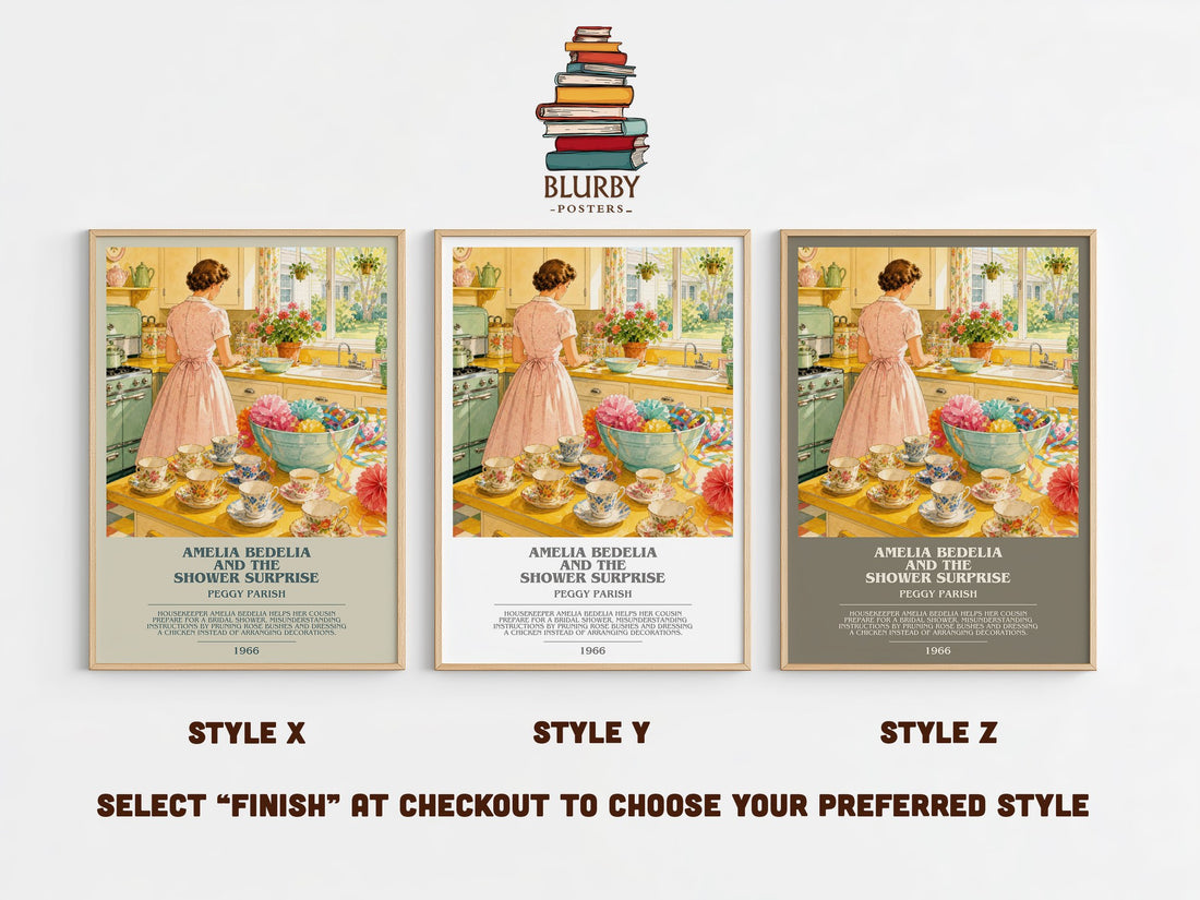 Amelia Bedelia and the Shower Surprise bookish print in frame leaning in hallway – childrens wall art (mockup)