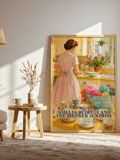 Amelia Bedelia and the Shower Surprise watercolour print in frame leaning in hallway – childrens wall art