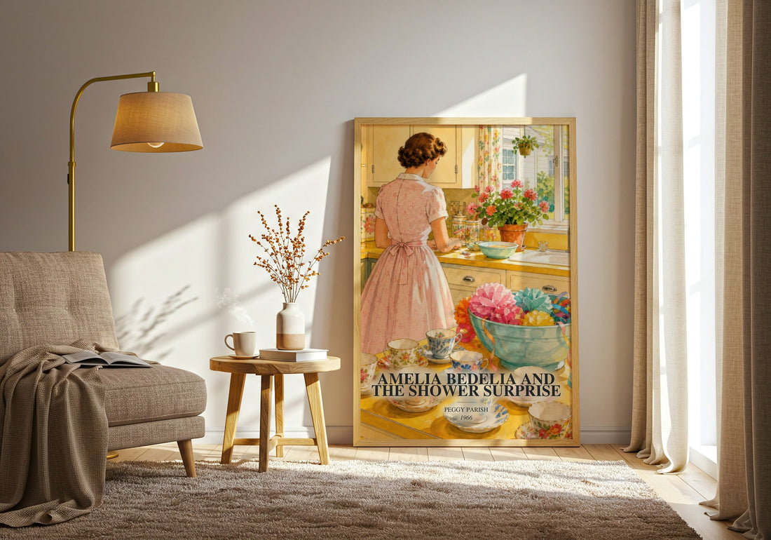 Amelia Bedelia and the Shower Surprise watercolour print in frame leaning in hallway – childrens wall art