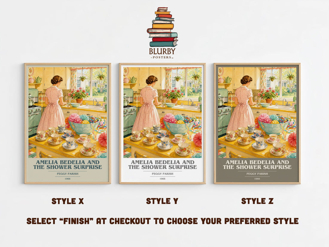 Amelia Bedelia and the Shower Surprise book cover print in frame leaning in hallway – childrens wall art (mockup)