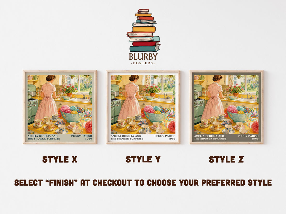Amelia Bedelia and the Shower Surprise literary print in frame leaning in hallway – childrens wall art (mockup)