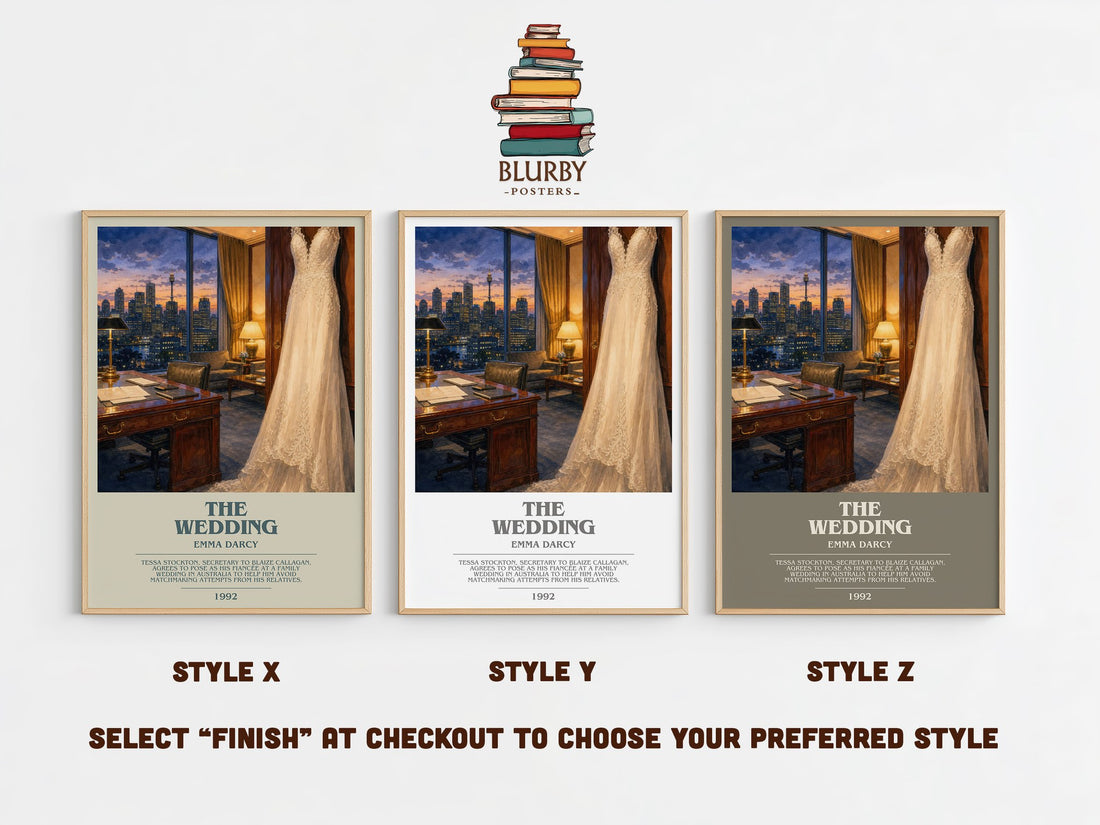 The Wedding bookish print in frame leaning in hallway – romance wall art (mockup)