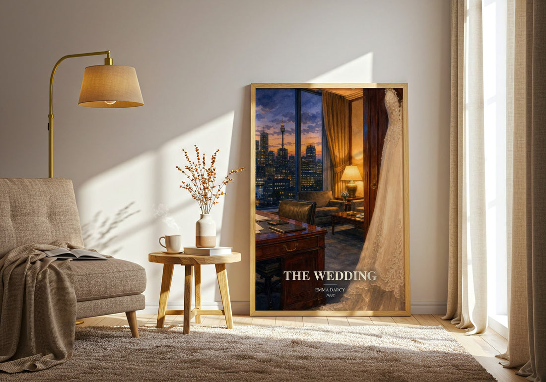The Wedding watercolour print in frame leaning in hallway – romance wall art
