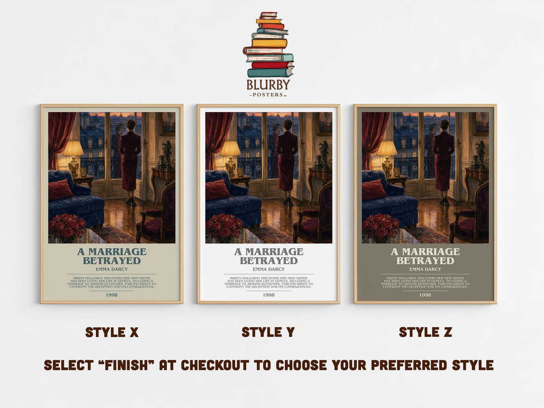 A Marriage Betrayed bookish print in frame leaning in hallway – romance wall art (mockup)