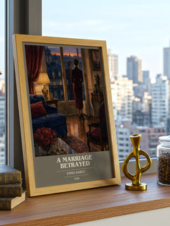 A Marriage Betrayed book cover print framed by window – literary home decor