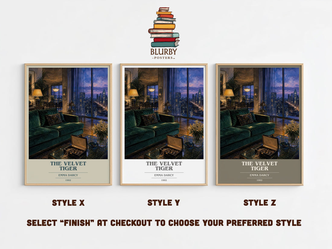 The Velvet Tiger book cover print in frame leaning in hallway – romance wall art (mockup)